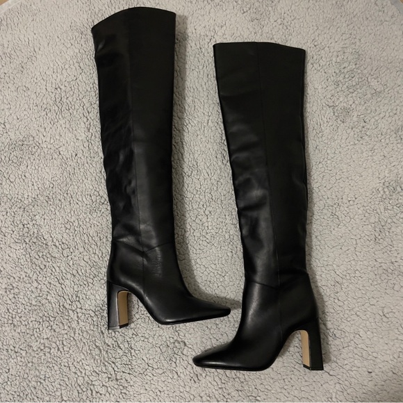 ZARA BLACK LEATHER OVER THE KNEE BOOTS ZIP & BLOCK HEEL Size US-7 / EU 37 - Picture 5 of 16